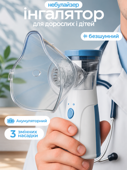 Портативный бесшумный небулайзер MESH Nebulizer "JSL-W302" с меш технологией, ультразвуковой мембранный ингалятор с функцией парового распылителя для дыхания и ингаляций при бронхите для взрослых и детей (Бело-синий / 5V / Аккумуляторный)