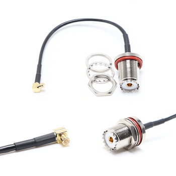 Пигтейл на кабель RG174 - 15 см / угловой MCX male - UHF female герметичный на панель, круглый 16 мм резьбовой / [PG0413]