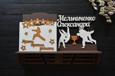 Іменна медальниця з полицею та ящиком для грамот, дипломницею, "Самбо" з дерева під замовлення (МД0144)