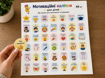 Мотиваційні наліпки для дітей А3 на паперовій самоклейці | Заохочувальні стікери для вчителів та учнів | 49 шт