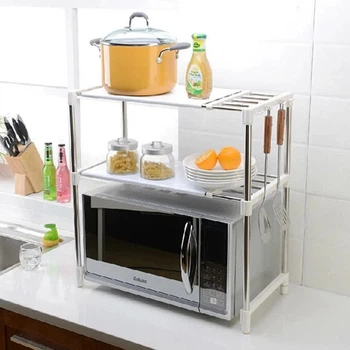 Полка-органайзер для микроволновой печи Multifunctional Storage Rack телескопическая кухонная полка над микроволновой печью металлический стеллаж для кухни с крючками 43–65 см × 40–50 см × 30–35 см Цвет: Белый