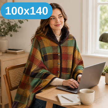 Плед-халат-шаль 100×140 см One size- теплая мягкая накидка-плед в клетку на кнопках, двухсторонняя разноцветная клетка KT9000902