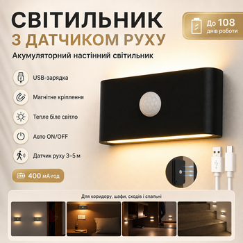 Настенный светильник с датчиком движения и аккумулятором 9,8х5,5 см Черный USB-лампа для освещения коридора шкафа лестницы с магнитным креплением