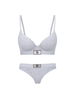 Женский комплект белья с логотипом из страз Victoria's Secret лиф и трусики тонг 1161513594 (Серый 40D/XXL)