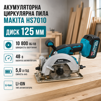 Циркулярна пила Makita HS7010 акумуляторна 48 В дискова циркулярка 125 мм ручна електропила 10800 об хв 5 А·год для різання дерева фанери ДСП ОСБ будівельних монтажних ремонтних робіт 2 АКБ