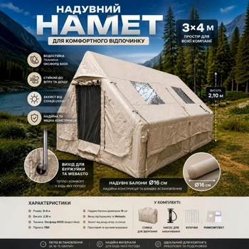 Палатка надувна Оксфорд 600d 3*4 М высота 2.1 м на 6-8 человек
