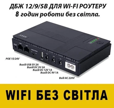 Бесперебойник (UPS) для WI-Fi роутера та ONU поддерживает 5/9/12V 8800 maH до 8 часов автономной работы.