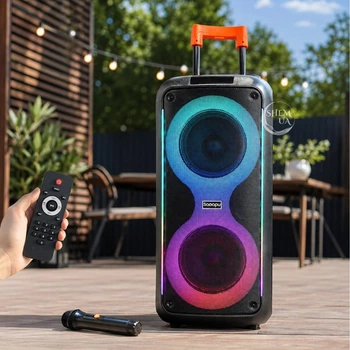 Колонка портативная акустическая Bluetooth с беспроводным микрофоном, пультом и подсветкой RGB, аккумуляторная аудиосистема 2×8 дюймов с телескопической ручкой и колесами для дома и отдыха на природе, TTD-2821