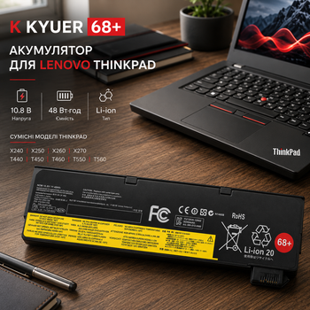 Акумулятор K KYUER 68+ 48 Вт·год для Lenovo ThinkPad X240 X250 X260 X270 T440 T450 T460 T550 T560, 10.8