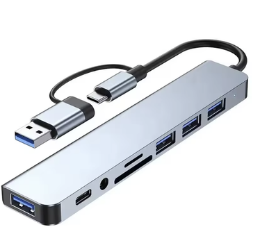 USB-хаб 8 в 1 – USB 3.0/2.0, Type-C, SD/TF картридер, аудіо 3.5 мм, універсальний