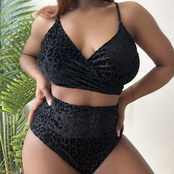 Женский раздельный купальник бикини Plus Size больших размеров с высокими плавками и леопардовым принтом 4XL черный