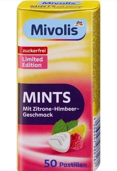 Освіжаючі пастилки без цукру зі смаком лимон-малина Mivolis MINTS mit Zitrone-Himbeer zuckerfrei 50 шт