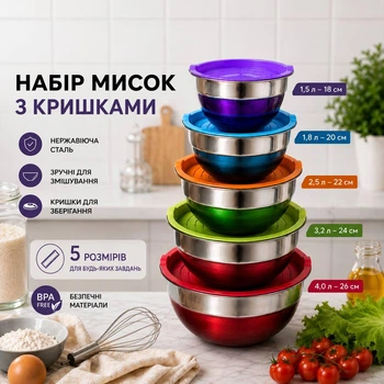 Набір металева миска з кришкою з нержавіючої сталі 5 штук для кухні природи миски ємності для змішування тіста салату харчові універсальний комплект металевих мисок для зберігання продуктів (517)