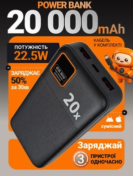 Повербанк 20000 mAh 22.5W зі швидкою зарядкою PD/QC Remzona Extrinity 20X для телефона apple айфона samsung універсальний повер банк 20 000 потужний портативний пауербанк для iphone самсунг роутера планшета смартфона павербанк чорний з Type-C + кабель