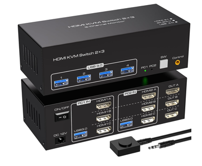 KVM Switch VPFET HDMI 4K 144Hz для 2 компьютеров и 3 мониторов, переключатель 8K 60Hz, USB 3.0, 4 порта, Triple Monitor KVM