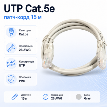 Патч-корд UTP cat 5е 26AWG PVC 15м для подключения сетевого оборудования Белый