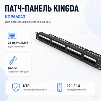 Патч-панель 19″ Kingda KDPA6043 24xRJ-45 UTP кат. 5е для кабельных систем Черный
