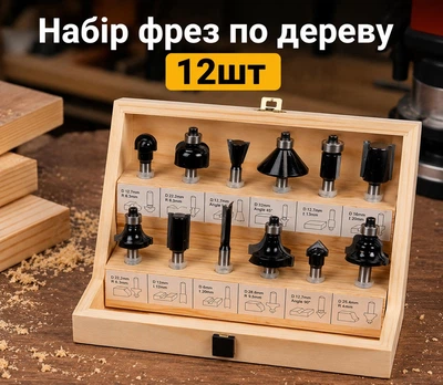 Фрезы по дереву VOREL, набор 12 шт, хвостовик Ø6 мм