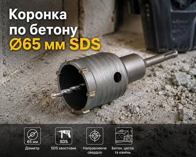 Сверло корончатое VOREL 65 мм SDS-Plus с направляющим сверлом (03245)