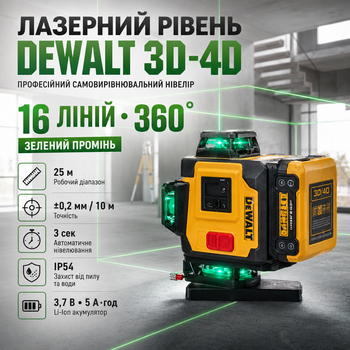 Лазерный уровень DeWalt 4D 3D нивелир профессиональный аккумуляторный самовыравнивающийся строительный 360 градусов 16 линий зеленый луч со штативом кейсом кронштейном пультом