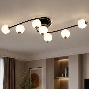 Потолочная LED люстра на пульте 118W с 7 белыми стеклянными шарами 3000-6500K черно-золотой каркас Svet SY-77232/7T BK+FGD