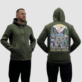 Мужской худи на молнии на флисе с принтом Sunset Goons for the boys для хлопців скелети біля вогнища, Хакі Размер L (MZIPH262KH50)