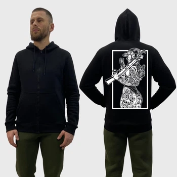 Чоловічий зіп-худі на флісі з принтом Sunset Goons дівчина з автоматом тату чорно-білий арт, Чорний Розмір XS (MZIPH232BL48)