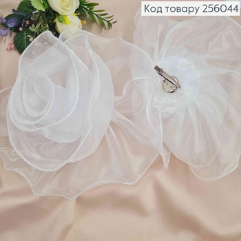 Брошь-заколка, объемная роза БЕЛОГО цвета, 24см, ткань органза кристаллин, ручная работа