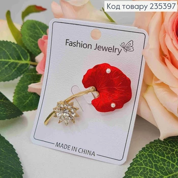 Брошь, "лепесток на веточке" Красного цвета с камешками и жемчужиной, 5,5см, золотистого цвета