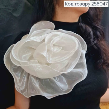 Брошь-заколка, объемная роза цвета АИВОРИ, 24см, ткань органза кристаллин, ручная работа