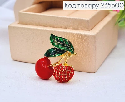Брошь металл, "Красные Вишни" украшены камешками, 2,5*2,5см, Золотого цвета