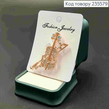 Брошь "Музыкальные инструменты" с блестящими камушками, 5*3,5см, Золотого цвета.