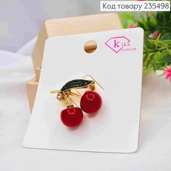 Брошь металл, "Красные Вишни" украшены камнями, 2,5*2,5см, Золотого цвета