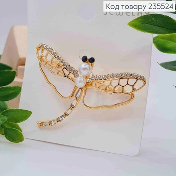 Брошь металл "СТРЕКОЗА" украшена Блестящими камешками и Перламутровой, 5,5*4см, Золотого цвета