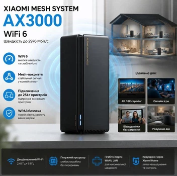 Wi-Fi роутер Xiaomi Mesh System AX3000 RA80, Wi-Fi 6, до 2976 Мбіт/с, дводіапазонний Mesh-маршрутизатор, чорний