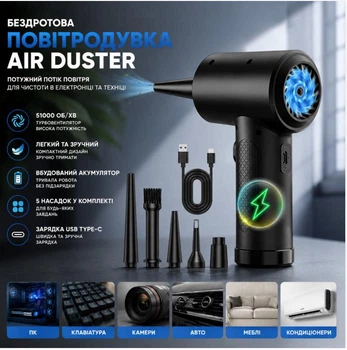 Портативна турбоповітродувка Air Duster | 51000 об/хв | Для очищення ПК та техніки