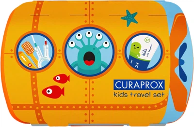 Дитячий дорожній набір Curaprox Футляр + Зубна щітка 1 шт + Міжзубні щітки 2 шт + Зубна паста 10 мл помаранчевий (7612412432749)