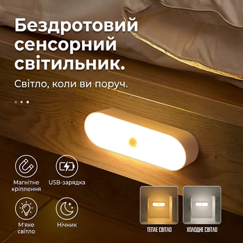 Аккумуляторный LED ночник | Беспроводная индукционная лампа с датчиком, на магніті | Теплый
