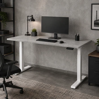 Стіл Space 2 електричним регулюванням висоти Ferrum-decor 75x120x67 Білий метал ДСП Бетон 16 мм (SPACE2047)