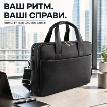 Сумка портфель для документів і ноутбука з натуральної матової шкіри преміальної якості Qvant (190015-4) - Чорна