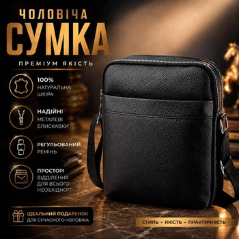 Барсетка мужская из натуральной кожи через плечо 23×19×6 для документов Qvant (9748м) - Черная