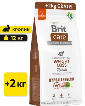 Сухий гіпоалергенний корм з кроликом Brit Care Weight Loss Hypoallergenic для собак з надмірною вагою 12 кг + 2 кг в подарунок