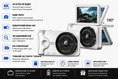 Ретро цифровая камера 64MP 4K мыльница с экраном 180° - компактный фотоаппарат для селфи,и блогов, 18X Zoom, HD видео, 20 фильтров, стильная портативная камера с простым пользованием.