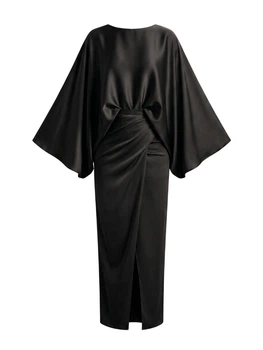 Атласное платье с рукавами «Летучая мышь» ElborDress, черное, one size