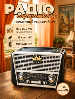Аккумуляторный радиоприемник с солнечной панелью FM AM SW, MP3 USB microSD, LED-фонарик, 220 В/2×R20, портативное радио, черный