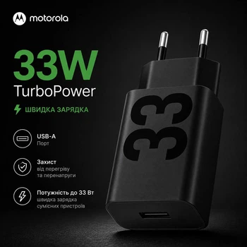 Motorola TurboPower 33W — зарядний пристрій USB-A, швидка зарядка телефона та смартфона, адаптер 33 Вт, мережевий блок живлення EU