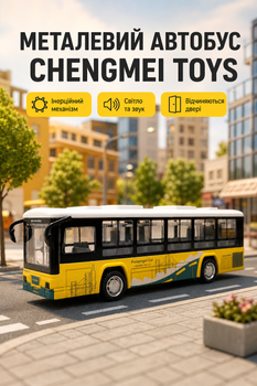 Автобус Chengmei Toys металлический с инерцией подсветкой и звуком открывается дверь Желтый (CLM-0771AC)