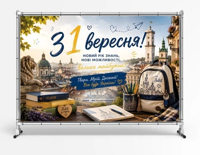 Баннер ко дню знаний. 1 сентября "С днем Знаний. Новые возможности. Львов" размер 2х3м. С люверсами.