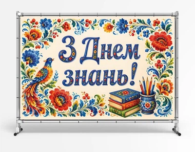 Баннер ко дню знаний. 1 сентября "С днем Знаний. Украинский орнамент" размер 2х3м. С люверсами.