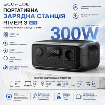 Портативна зарядна станція EcoFlow RIVER 3 UPS 300 Вт (пік 600 Вт), LiFePO4 245 Вт·год, USB-C 100 Вт, Wi-Fi/Bluetooth
